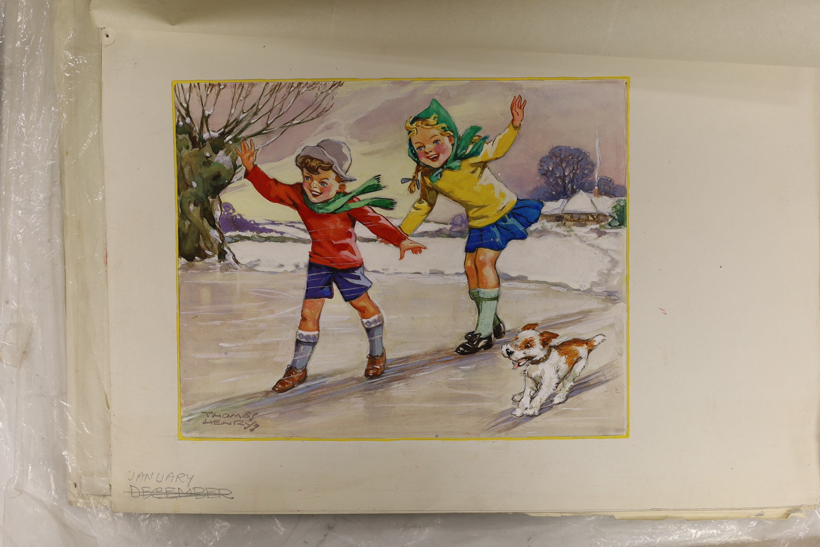 Thomas Henry (Just William illustrator) an interesting collection of numerous gouaches to include grouped illustrations for a ' Children's Country Calendar', alongside various scripted panels, other illustrations etc